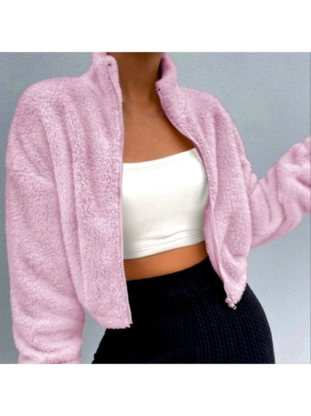 Coquette Girl Teddy Jacket Cropped Drop Shoulder Zip Up Pastel Pink Fuzzy Furry